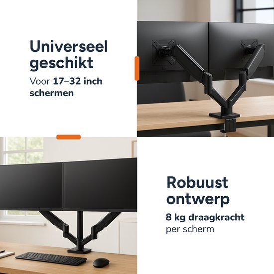 Skoov Monitorarm - Mit Gasfeder - Für 13-32 Zoll - 2 Bildschirme - Stütze - Extra stabil - Schwarz