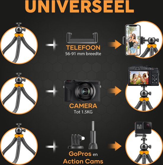 Studio ME Telefonstativ - 25 cm - Stativ Smartphone - Flexibel - Kamerastativ - Gorillapod - Inkl. Bluetooth-Fernbedienung - Schwarz