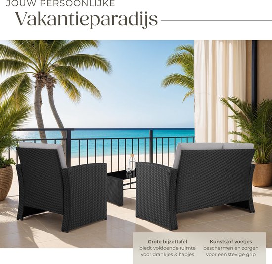 tectake Geflecht-Gartenset für 4 Personen - 2-sitzige Gartenbank und 2 Gartenstühle - Tisch mit abnehmbarer Glasplatte - Bequeme Sitz- und Rückenkissen - Lounge-Set für Garten, Terrasse, Balkon - Schwarz