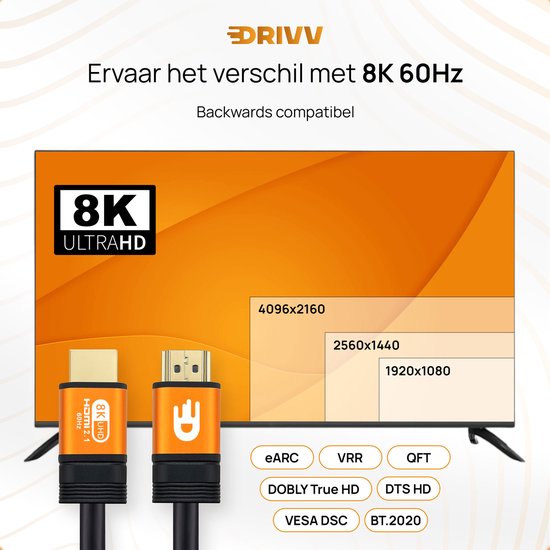 Drivv. Premium HDMI Kabel 2.1 - Ultra HD High Speed 8K - HDMI auf HDMI - Geeignet für Xbox Serie X & PS5 - 3 Meter - Orange