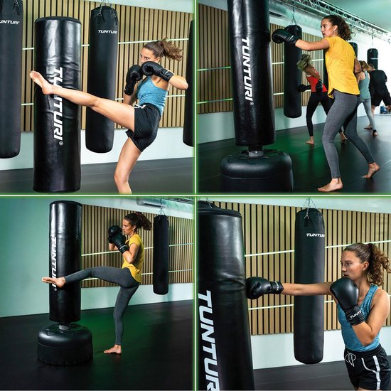 Tunturi Standing Boxing Bag - Freistehende Boxstange - Leicht beweglich - 180 cm hoch - Mit Sand, Kies oder Wasser befüllbarer Boden - Inkl. Fitness-App - Schwarz