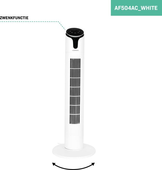 VONROC Luxury Fan - Turmventilator - Höhe 86 cm - Inkl. Fernbedienung - 3 Geschwindigkeiten - Schwenkfunktion - 15-Stunden-Timer - weiß