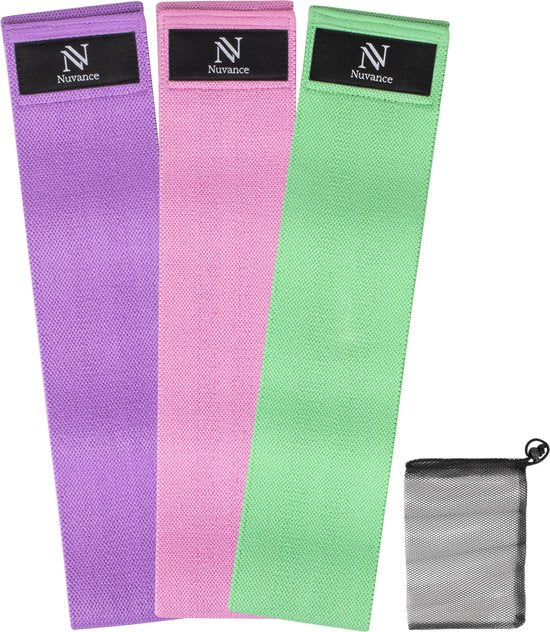 Nuvance - Resistance Bands Set inklusive Tragetasche - 3er Set - Resistance Band - Fitness Elastic - eBook mit zusätzlichen Übungen - Grün Pink und Lila