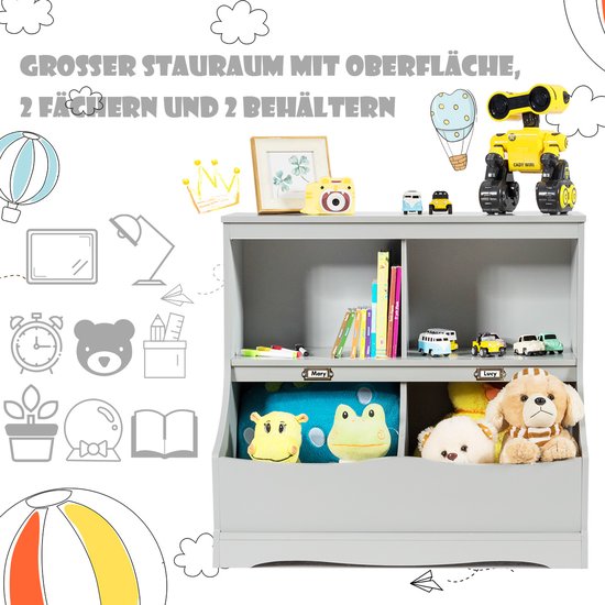 COSTWAY Kinderregal, Spielzeugregal mit 4 Fächern, Kinderbuchregal, Aufbewahrungsregal, Spielzeugorganisator für Kinderzimmer und Spielzimmer, 67 x 40 x 62 cm, grau