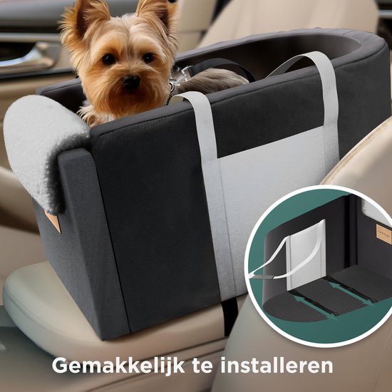 CozySense® Hundeautositz - Hundekorb Auto mit waschbarem Bezug - Für kleine Hunde - Passt in die Mittelkonsole - Auch als Tragetasche - Schwarz/Grau