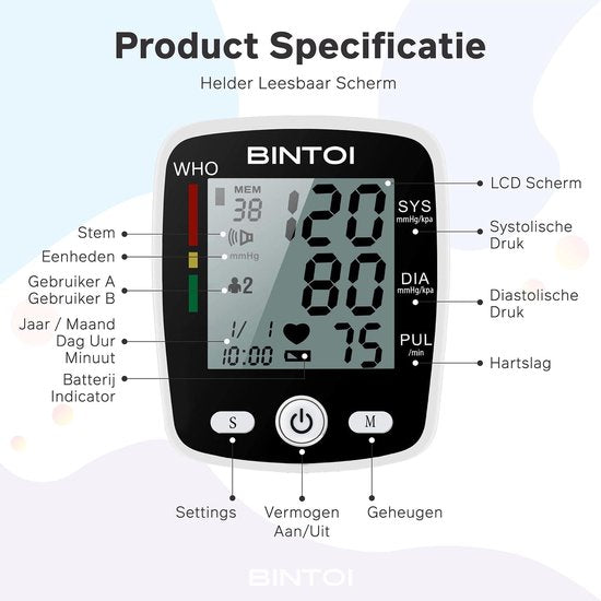 Bintoi® BXE100 Handgelenk-Blutdruckmessgerät - Herzfrequenzmessgerät - USB wiederaufladbar - inkl. Aufbewahrungsbox - 2 Benutzer