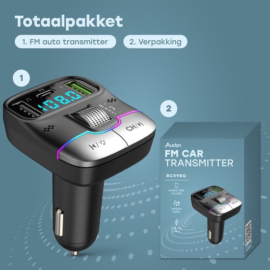 Audyn Bluetooth FM Transmitter - USB-A & USB-C - Bluetooth-Empfänger - Schnellladegerät - Autoladegerät - Carkit - Autozubehör - RGB