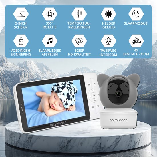 Novalance - Wifi-Babyphone - Babyphone mit Kamera - Babyphone mit 5-Zoll-Bildschirm - Wiegenlieder - Intelligente Detektoren