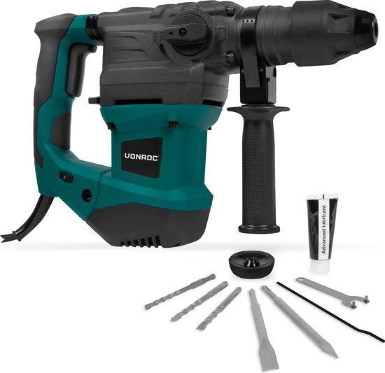 VONROC Bohrhammer 1500W - 6 Joule - Einstellbare Drehzahl - SDS plus - 4 Funktionen - Inkl. Bohrer & Meißel