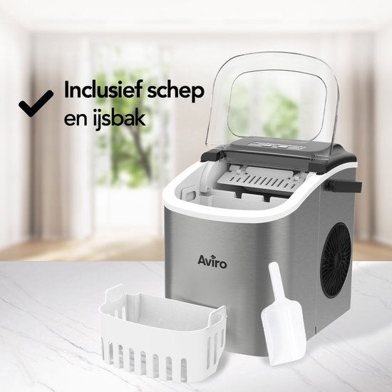 Aviro Eiswürfelbereiter - 1.3L - Mit Eisportionierer - Selbstreinigungsfunktion - 12KG / 24U - 9 Würfel / 6 Min - Silber