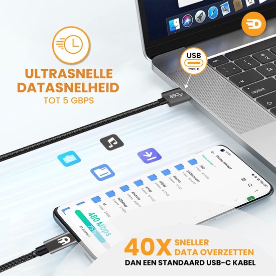 Drivv. USB zu USB C Kabel - Schnellladegerät - USB C Daten- und Ladekabel - 2 Meter - Geeignet für Samsung, iPhone 15 & mehr - Modernes Grau