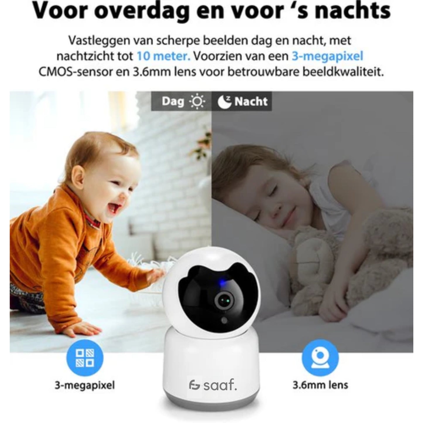 SAAF Sicherheitskamera - Für Innenräume - Mit Nachtsicht - Wifi und 64GB SD - Full HD - Tuya Smart - Weiß