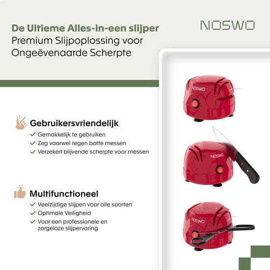 Noswo Elektrischer Messerschärfer - Multifunktional - Geeignet für Messer, Schraubendreher und Scheren - Rutschfest - Rot