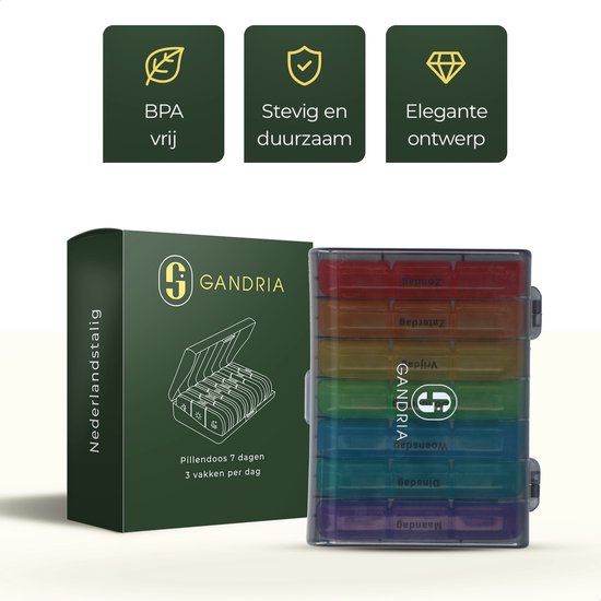 Gandria Pillenbox 7 Tage - Herausnehmbare Pillenbox - Medizinbox mit 21 Fächern - Medizinbox mit stabilem Verschluss - 3 Fächer pro Tag - 7 Farben