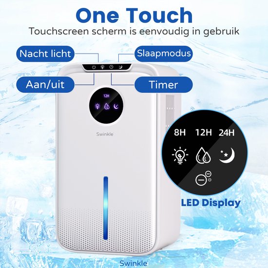Swinkle Luftentfeuchter - 2.5L - Entfeuchtet bis zu 1L pro Tag - Mit Ionisator & 7-Farben LED - Leise & Energieeffizient - Für Schlafzimmer, Bad & Wohnzimmer - Weiß