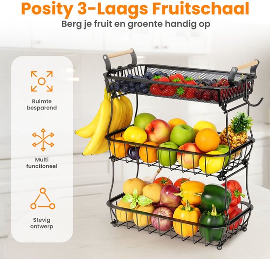 Posity Fruit Bowl 3 Layer - Obstkorb - Obst Etagere - Gemüsekorb - Drahtkorb - Mit Bananenhalter - Holz & Metall - Schwarz