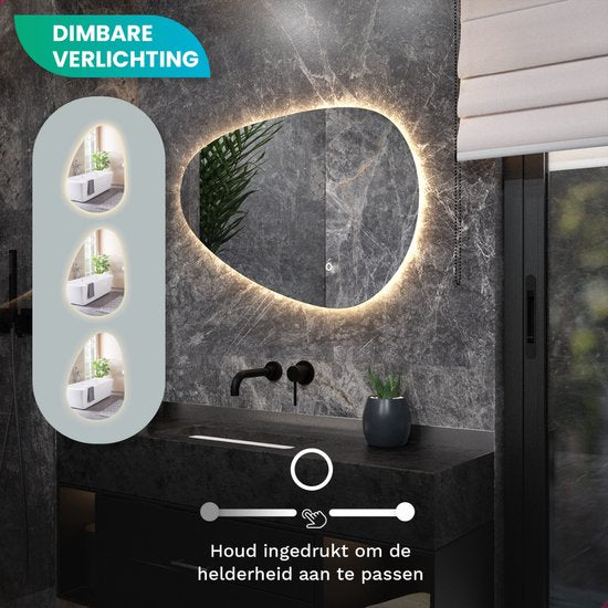 Mirlux Badezimmerspiegel mit LED-Beleuchtung - Asymmetrischer Wandspiegel - Organische Form - Anti-Kondensations-Duschspiegel - 90x60 CM