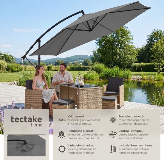 tectake® Schwebeschirm mit Sockel – 3 x 3 m – Gartenschirm – Schwenkbar – Wasserabweisendes Polyester mit UV-Schutz – Inklusive Schutzhülle – Grau