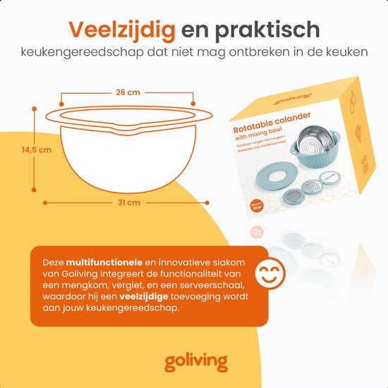 Goliving Salatschüssel - 2,5L - Ø 26 cm - Rührschüssel - Sieb - Bratschüssel mit Deckel - Servierschüssel - Gemüseschneider - Hackmesser - Blau