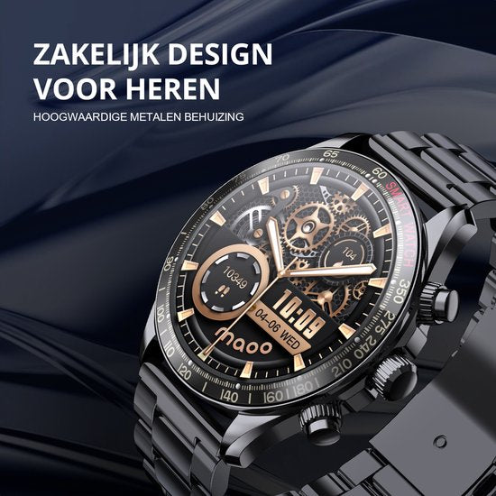 Maoo Titan AMOLED Smartwatch Herren - Edelstahl und 2 TPU-Bänder - Schrittzähler - Herzfrequenzmesser - Schlafüberwachung - Multisport - Geeignet für Android und iOS - Schwarz