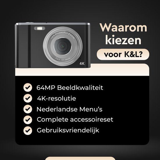K&L Digitalkamera 4K - 64MP - Kamera - Kompaktkamera - Vlog Kamera - Für Kinder - Inklusive 64GB - NL Software