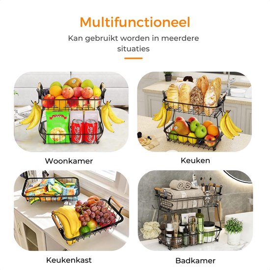 Posity Fruit Bowl 2 Layer - Obstkorb - Obst Etagere - Gemüsekorb - Drahtkorb - Mit Bananenhalter - Holz & Metall - Schwarz