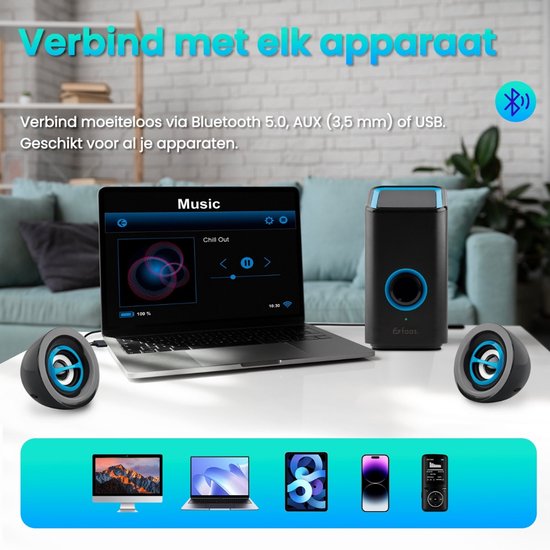 PC-Lautsprecher - Mit Bluetooth 5.0 - Computer-Lautsprecher - Lautsprecher für PC - USB-C und USB-A - Komplettes 3-teiliges Set - Lautsprecher-Set - Schwarz und Blau - Faas