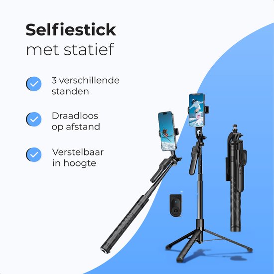 Selfie Stick - 3 in 1 - inkl. Fernbedienung - Für iPhone und Samsung - Telefonstativ - Bluetooth - Smartphone - Luft