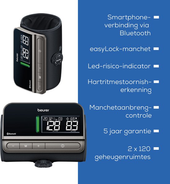 Beurer BM 81 Smart Oberarm-Blutdruckmessgerät – Integrierte EasyLock-Manschette 24–40 cm – Bluetooth® – Risikoindikator – Inflation Technology - Speicher für 2 Benutzer - Unregelmäßiger Herzschlag - Kostenlose App: Health Manager Pro - 5 Jahre Garantie
