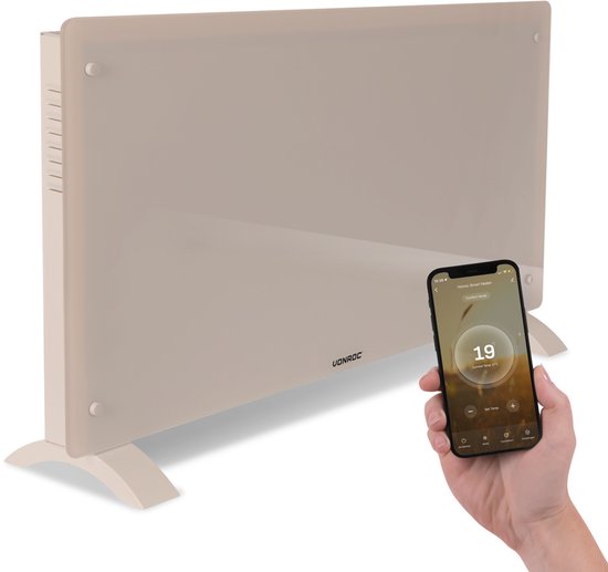VONROC Luxury electric heater - Konvektorheizung mit Glasscheibe - 1250W/2500W- Beheizt Räume bis zu 30m2 - Gesteuert sowohl mit App (über Wifi) als auch manuell - Einstellbarer Thermostat und Timer - Beige