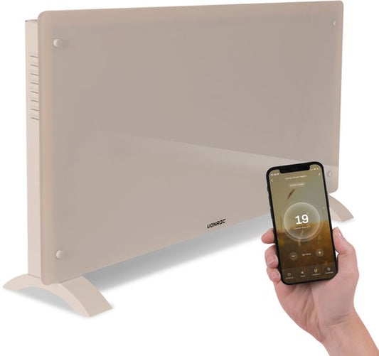VONROC Luxury electric heater - Konvektorheizung mit Glasscheibe - 1250W/2500W- Beheizt Räume bis zu 30m2 - Gesteuert sowohl mit App (über Wifi) als auch manuell - Einstellbarer Thermostat und Timer - Beige