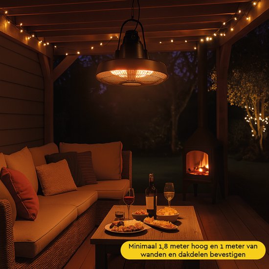 BRASQ Retro Elektrischer Terrassenheizer Pendant - 3 Heizstufen - Mit Fernbedienung - IP24 -Spritzwassergeschützt - Innen und Außen - 2000 W - Schwarz
