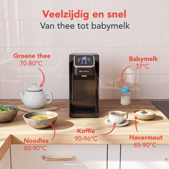 KitchenBrothers Heißwasserspender - 40-100°C - 100/150/200/250/300/350/400 ml - Instant Wasserkocher - 2.7L - Schwarz