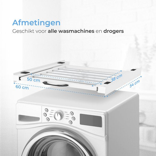 Skoov Abstandshalter für Waschmaschine & Trockner - Stapelset - Mit ausziehbarem Fachboden - Universal - Trockner - Möbel - inkl. Schwingungsdämpfer und Spannband