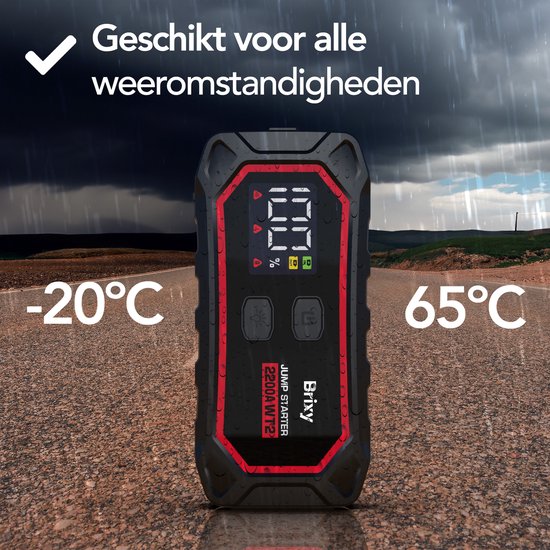 Brixy Jumpstarter für Auto - 2200A / 16.000 mAH - 4-in-1 Starthilfe - LED-Taschenlampe, SOS-Notlicht und Powerbank - Rot/Schwarz