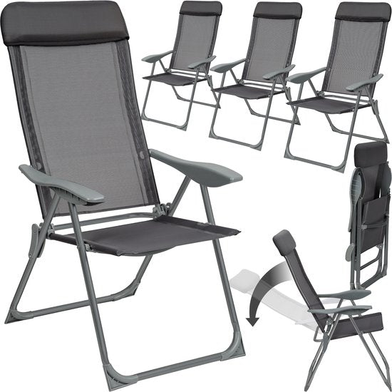 tectake -  4er-Set Gartenstühle mit hoher Rückenlehne - Aluminium - Klappstuhl 5-fach verstellbar mit Armlehnen - Sessel mit Liegefunktion - Gartenmöbel für Terrasse und Camping - Anthrazit