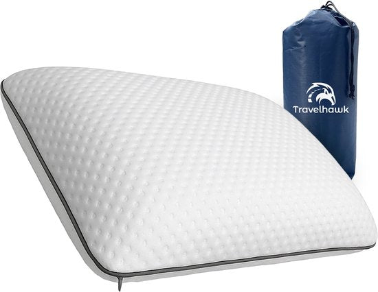 Travelhawk Reisekissen - Camping-Kissen - Nackenkissen - Mini-Kissen - Memory Foam - Inklusive Aufbewahrungsbeutel - Kompakt & Atmungsaktiv - 55x36x11cm