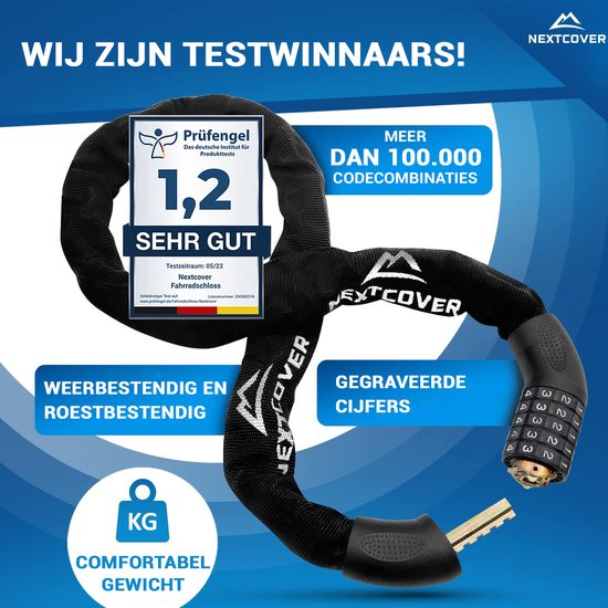 NEXTCOVER® Digit Lock Fahrradschloss - Das Original - [SAFESECURE] Hohe Sicherheit - Fahrradschlösser mit 5-stelligem Zahlencode, Zahlenschloss Fahrradstahl - Fahrradschloss perfekt für E-Bike - Kettenschloss Schwarz