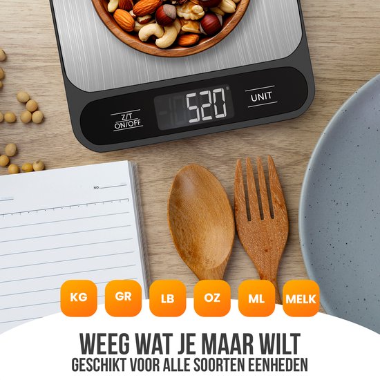 Strex Digitale Küchenwaage - Küchenwaage - 1 g bis 10 kg - Tara-Funktion - Inklusive Batterien - Edelstahl/Schwarz