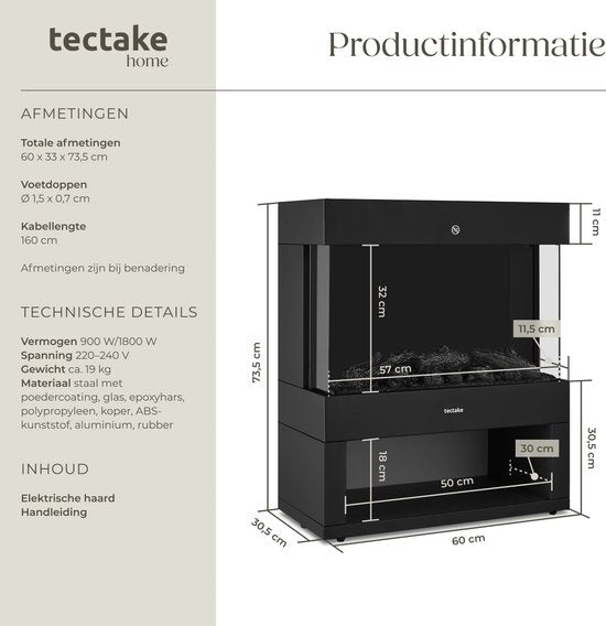 tectake® Elektrokamin - Atmosphärischer Kamin - 900W & 1800W - Freistehend - Kaminofen - mit Heizung - Kamine - mit Holz- und Glüheffekten - 3D Flammen - Timer