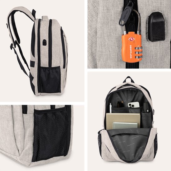 TRVLMORE Rucksack - 36L - 17.3 Zoll - Laptop-Rucksack mit USB - Schultasche - Herren und Damen - Tasche Champagner