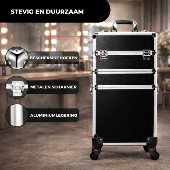 Travli Make Up Trolley - Schminkkoffer - Friseurkoffer - Beautycase - Kosmetikkoffer - 106* 40* 31,5 cm - Schwarz