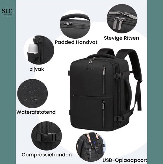 SLC-Collection – Schwarz – Rucksack – 25 Liter - Transavia - Handgepäck - 40 x 30 x 20 cm - 14-Zoll-Laptop - USB-Anschluss - Laptoptasche - Damen - Herren - Reisetasche – Koffer - 10XS