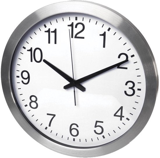 Perel Wanduhr 40 cm, analog, mit automatischer DCF-Zeitsynchronisation, großem, gut ablesbarem Zifferblatt, silberfarbenem Aluminiumrahmen, für Wohnzimmer, Küche, Büro, Wartezimmer