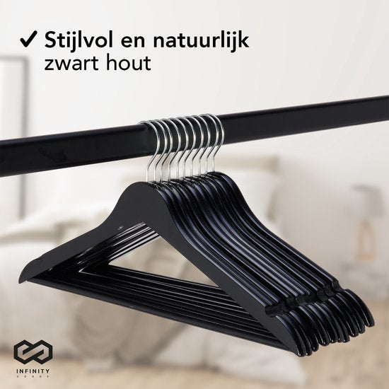 Infinity Goods 30 Houten Kledinghangers Zwart - Kleerhanger - Inkeping en Broeklat - Metalen Haak - Volwassenen - 30 Stuks - Zwart