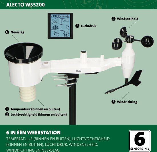 Alecto WS5200 - Professionelle WiFi-Wetterstation mit Außensensor - App-Steuerung - 6-in-1