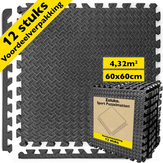 Zoluko Puzzle Matte – Fitnessmatte – EVA Schaum – 12er Set – 60 x 60 x 1,2 cm – Schwarz