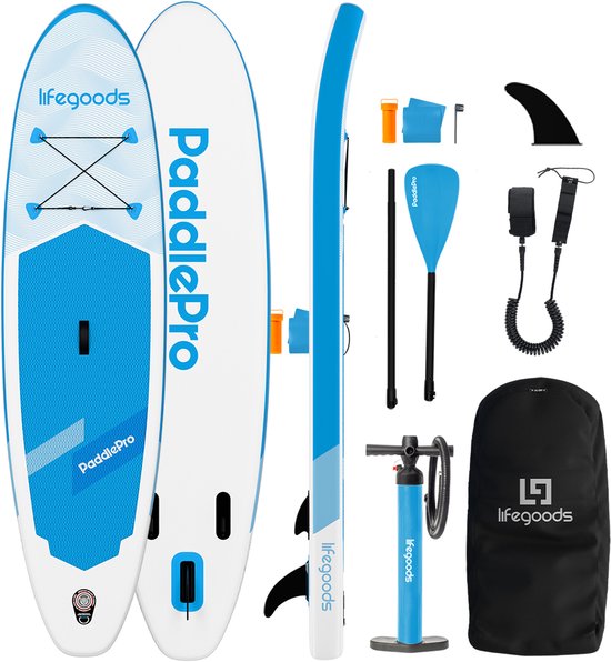 LifeGoods SUP Board All-round Compact - 100 KG Belastbarkeit - 300 x 76 cm - Aufblasbar - Komplettes SUP Paket - Weiß/Himmelblau