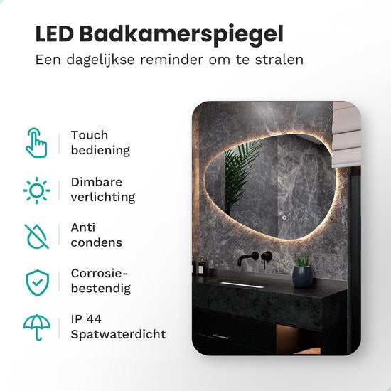 Mirlux Badezimmerspiegel mit LED-Beleuchtung - Asymmetrisch - Organischer Wandspiegel - Anti-Kondensations-Duschspiegel - Wandspiegel 120x75CM