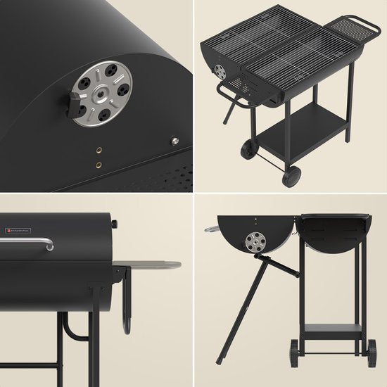 KitchenBrothers 2-in-1 Charcoal BBQ XL - Einstellbare Lüftungsschlitze - Doppel-BBQ - Beistelltische - Grillrost BBQ - Schwarz